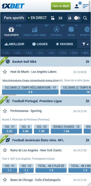 Vue de l'App dans l'onglet Sports