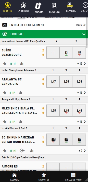Vue de l'application sur les sports